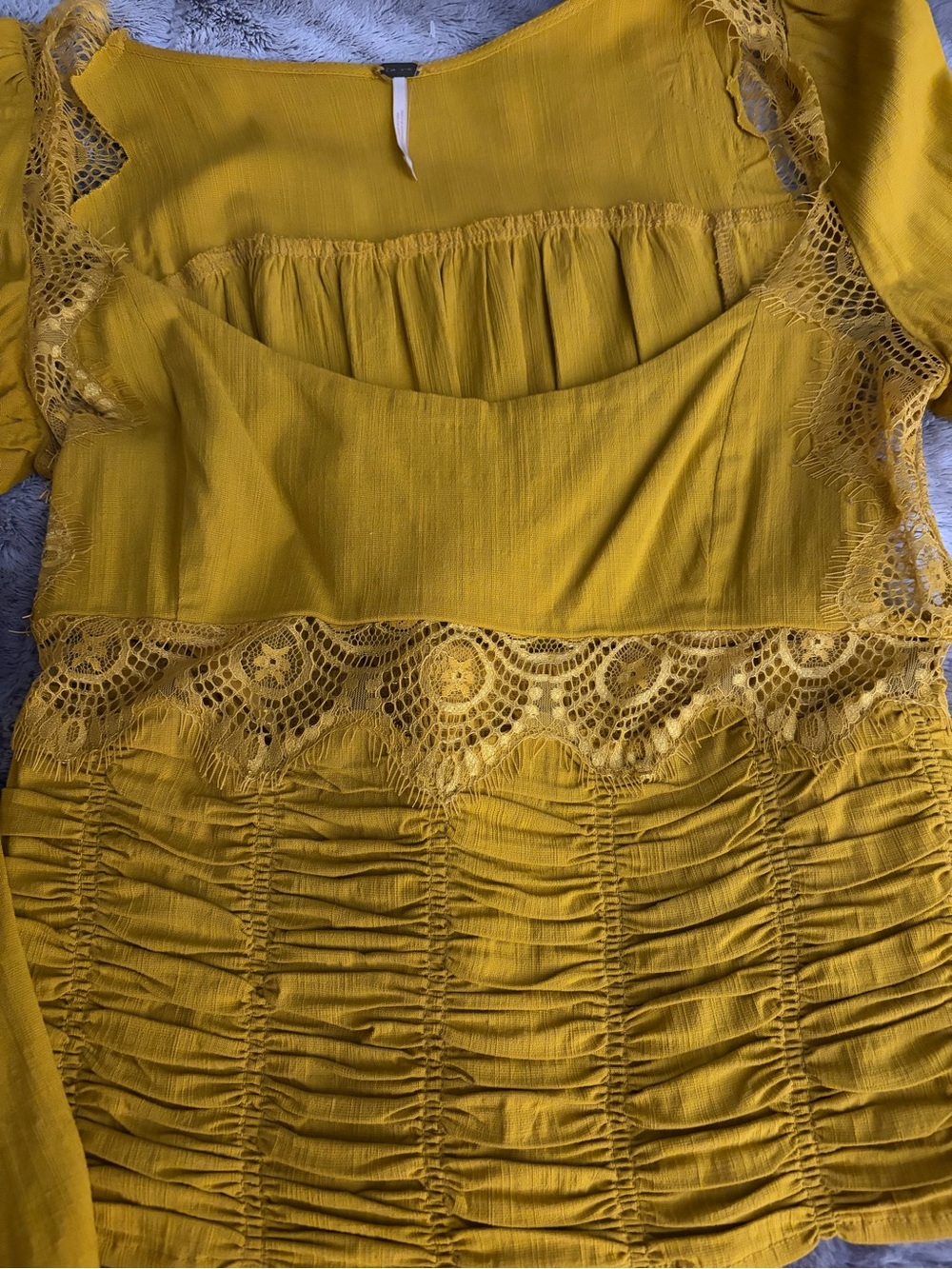 Free People Mustard Lace-Trim Smocked Blouse